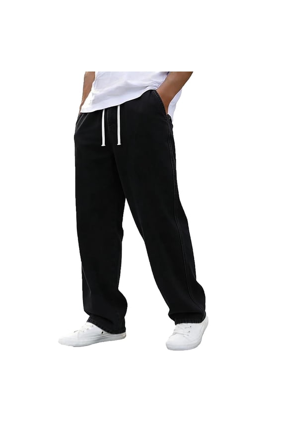 Mens Straight Leg Jeans Smart Casual Stretch Denim Pants Classic Bottoms Elasticated Waist Drawsting Jean Smart Plain Rugby Trouser for Outdoor Camping Hiking