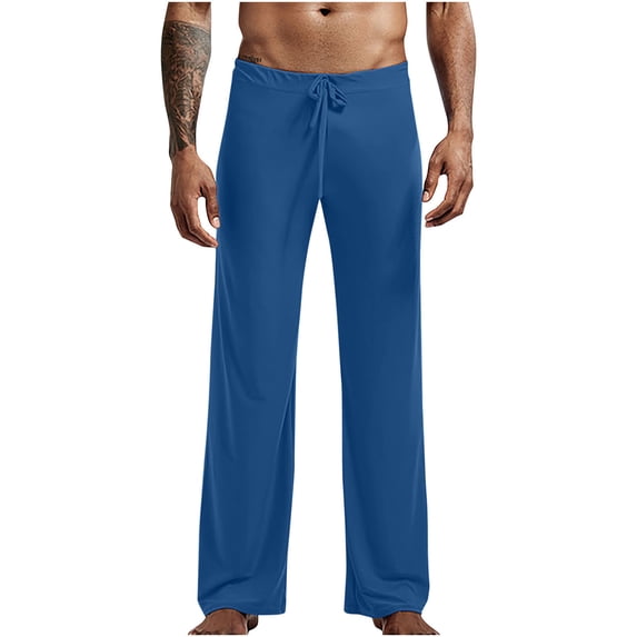 Mens Straight Leg Pajama Pants with Drawstring Elastic Waist Trousers Casual Solid Color Stretchy Breathable Going-Out Loungewear Pajamas Pant