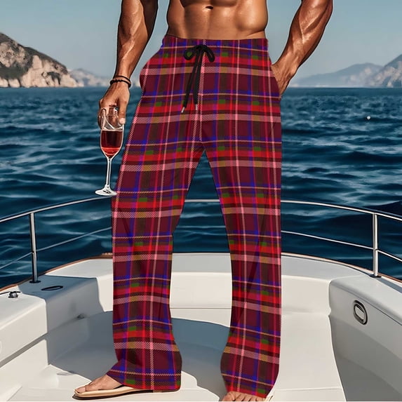 Mens Straight Leg Pajama Pants with Pockets and Drawstring Elastic Waist Trousers Casual Plaid Printed Loose Breathable Loungewear Pajamas Pant