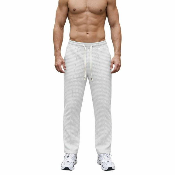 Mens Straight Leg Sweatpants Drawstring Elastic Waist Waffle Trousers Stylish Casual Loose Sporty Pants With Pockets (3XL, White)