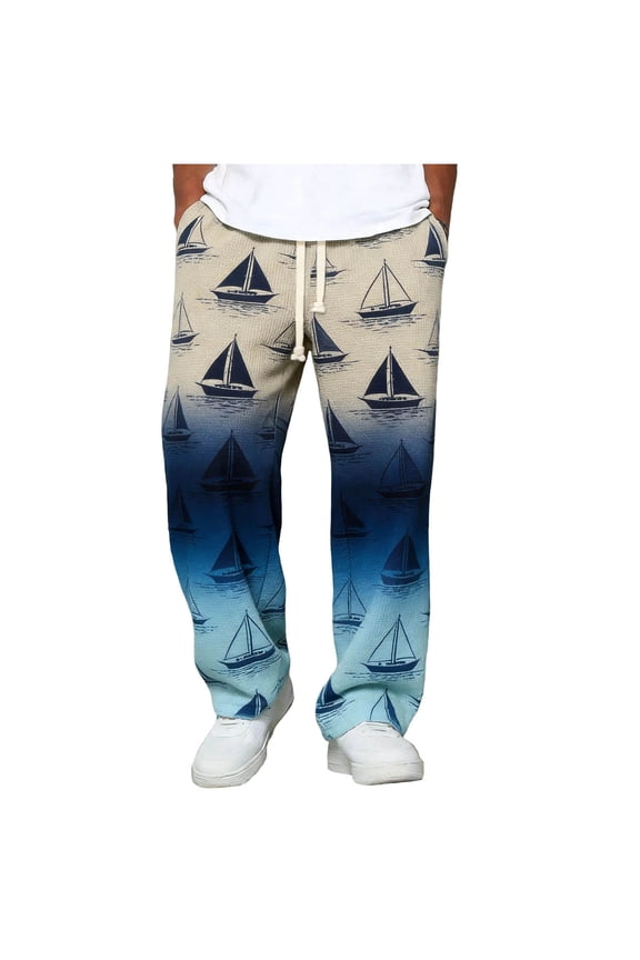 Mens Straight Leg Sweatpants Elastic Waist Drawstring Print Waffle Trousers Stylish Casual Loose Pants With Pockets (3XL, Blue-A)