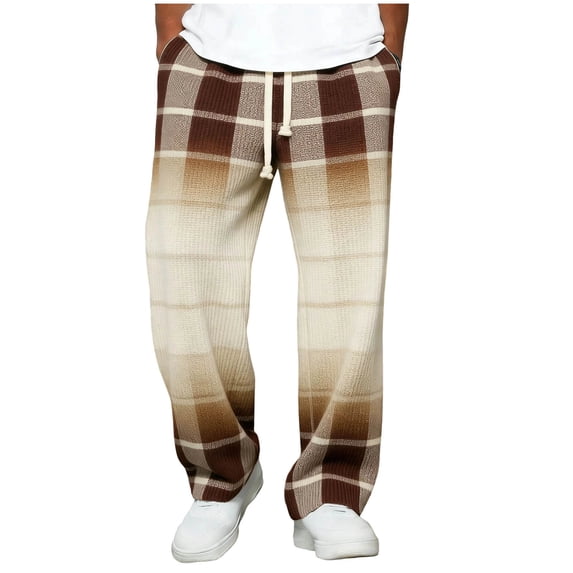 Mens Straight Leg Sweatpants Elastic Waist Drawstring Print Waffle Trousers Stylish Casual Loose Pants With Pockets (S, Brown)