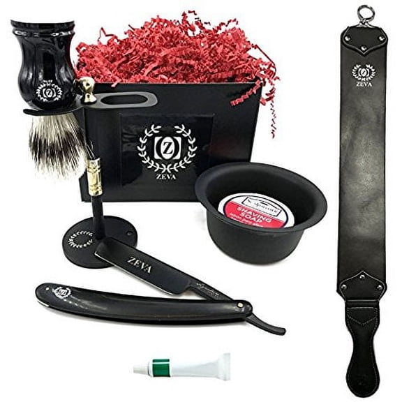 Mens Straight Razor Wet Shave Gift Set with Razor Stand Pure Bristle Brush Leather Honing Strop Dovo Paste Solingen