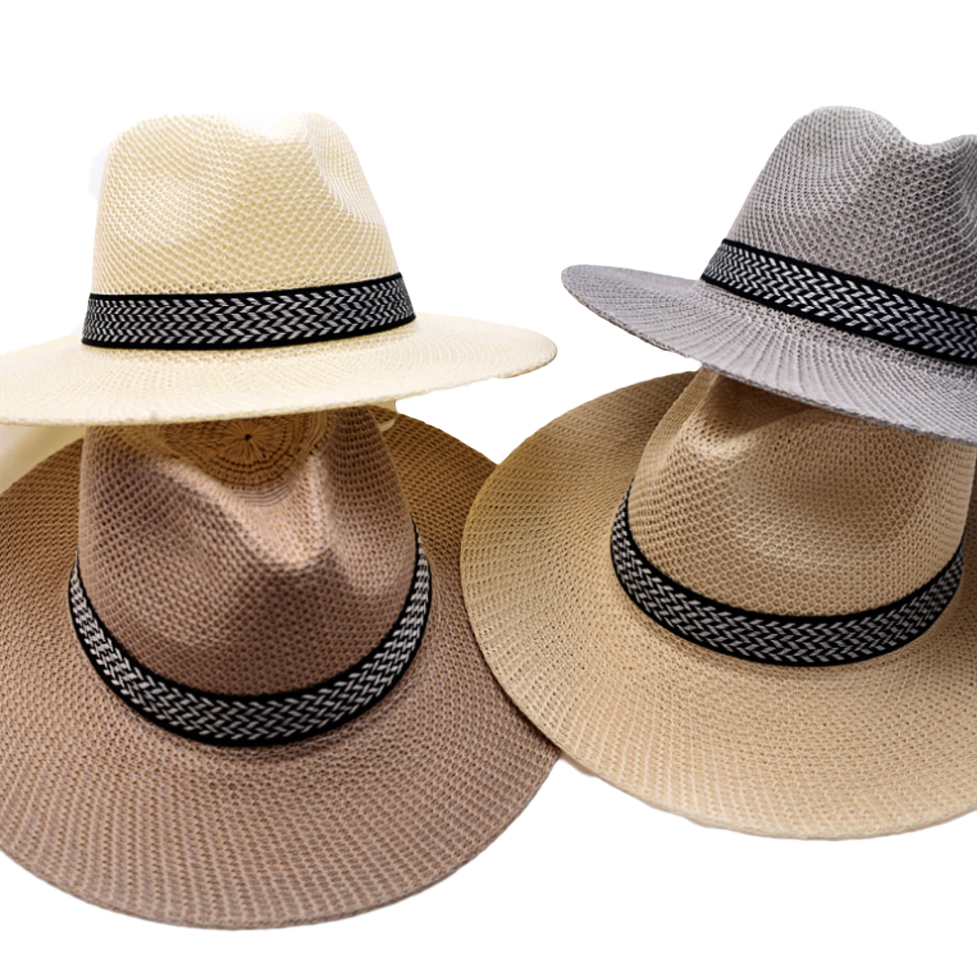 Mens Straw Panama Hats Sun Protection Summer Beach Straw Top Hat Wide
