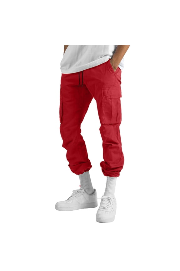 Mens Street Cargo Pants, Pocket Foot Cap Rope, Waist Lace Up, Woven