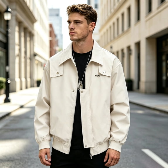 Mens Streetwear Functional Cargo Jacket, Lapel Button Zipper Pocket Outer Coat, Lightweight Windproof Casual Top