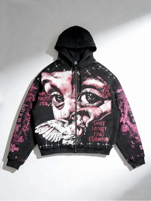 Mens Streetwear Graphic Zip-Up Hoodie - Angel & Eye Print, Black