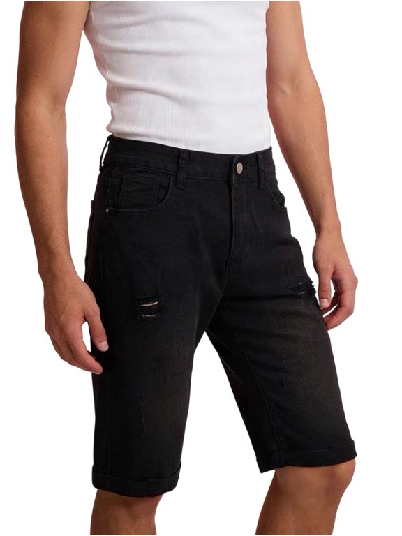 Mens Stretch Denim Shorts Slim Fit, Fashion Ripped Design, Comfortable & Stylish Black XXL