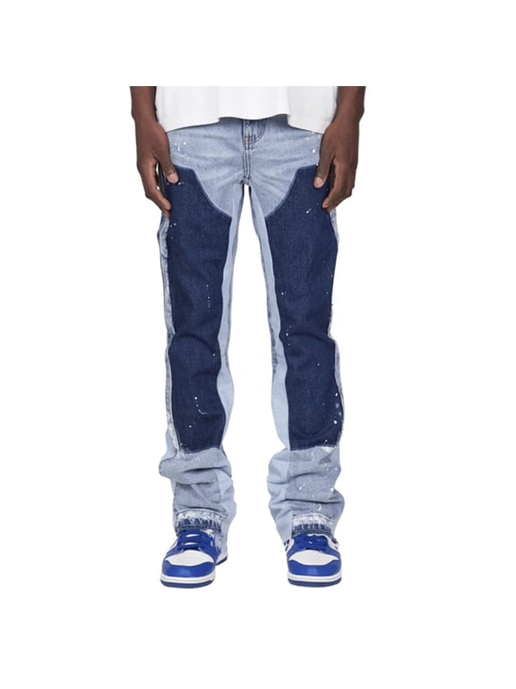 Mens Stretch Denim Work Pants Layered Patchwork Utility Jeans Straight Leg Japanese Retro Long Trousers for Fall with Pockets,S