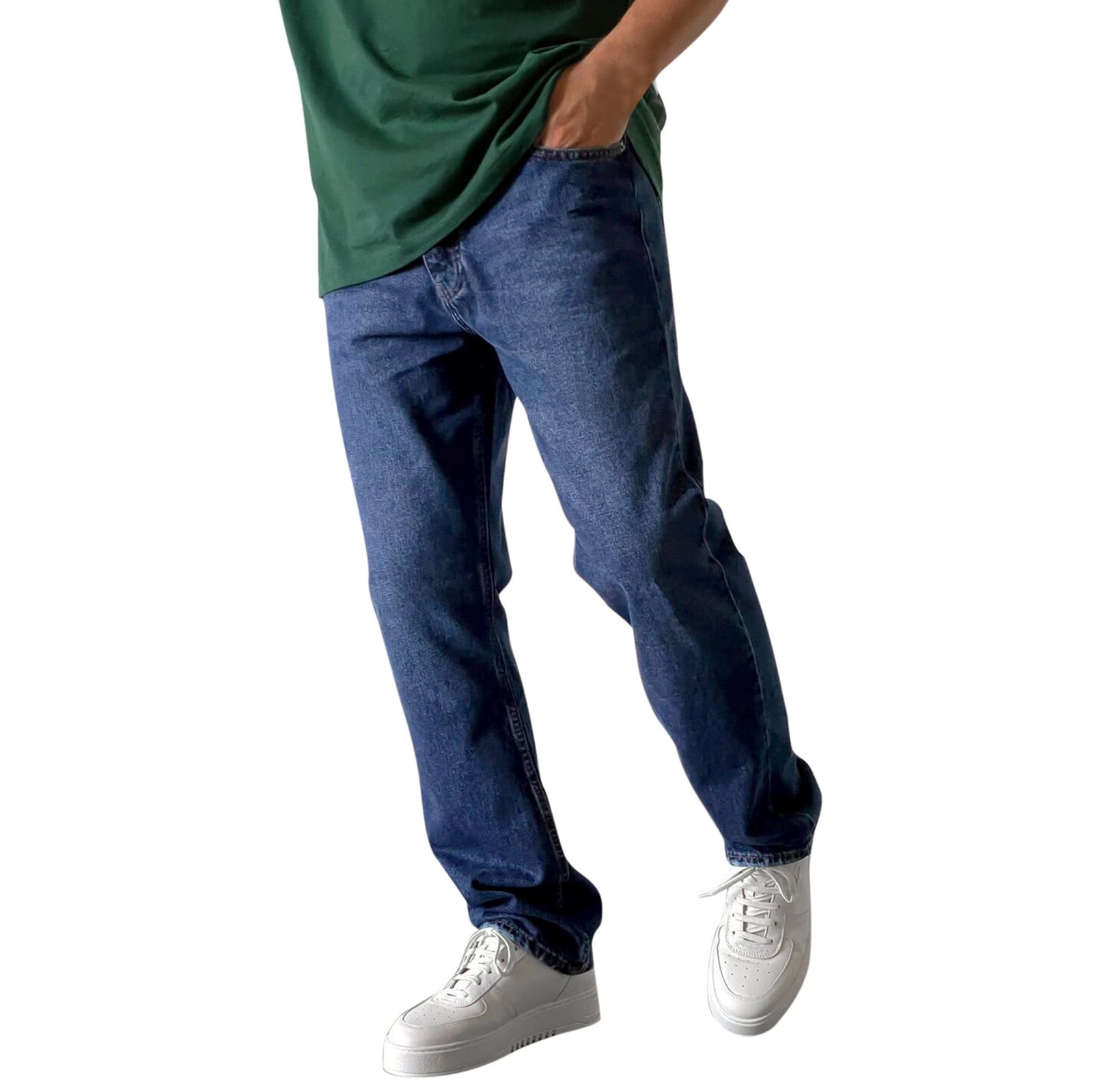 Mens Stretch Jeans Comfort Waist Regular Fit Jeans Solid Dark Blue L