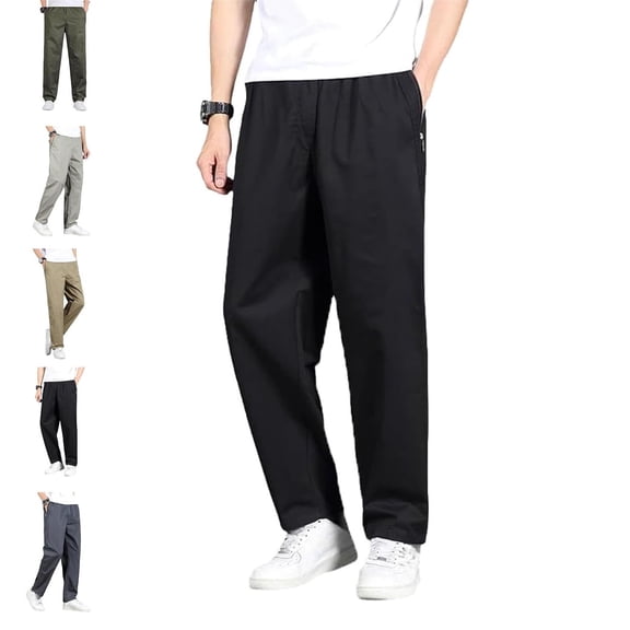 Mens Stretch Pants, Flex Fit Zipper-Pocket Durable Pants, Motion Cargo Pants, Relaxed Elastic Waist