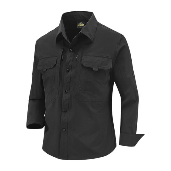 Mens Stretch Quick Dry Long Sleeve Button Down Tactical Shirts, Multi Pockets Breathable Lightweight Outdoor Work Shirts for Fishing Hunting Camping Travel Spring Fall Black