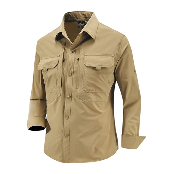 Mens Stretch Quick Dry Long Sleeve Button Down Tactical Shirts, Multi Pockets Breathable Lightweight Outdoor Work Shirts for Fishing Hunting Camping Travel Spring Fall Khaki