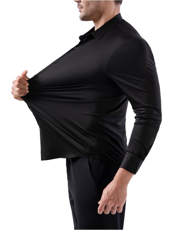 Mens Stretch Wrinkle-Free Long Sleeve Dress Shirt Slim Fit Button Down Casual and Business Top Black XXL