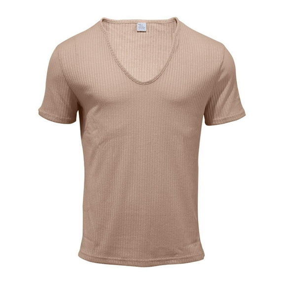 Mens Stretchy Deep V Neck Ribbed Shirt Slim Fit Low Male Stretch Tshirt Lightweight Classic Male Short Sleeve Khaki S