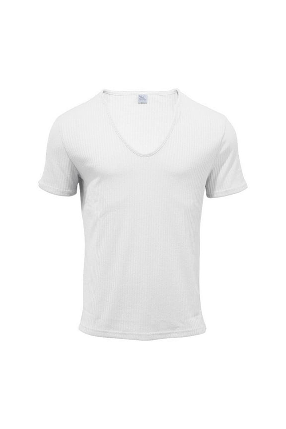 Mens Stretchy Deep V Neck Ribbed Shirt Slim Fit Low Male Stretch Tshirt Lightweight Classic Male Short Sleeve White S