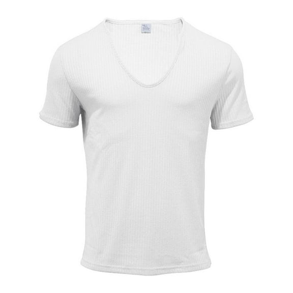 Mens Stretchy Deep V Neck Ribbed Shirt Slim Fit Low Male Stretch Tshirt Lightweight Classic Male Short Sleeve White XXXL
