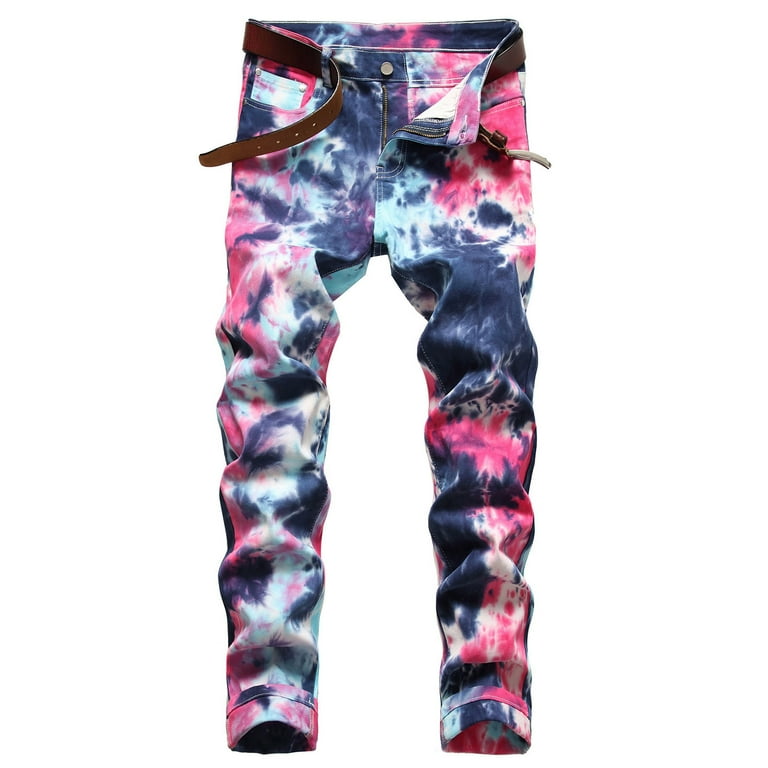 Mens Stretchy Denim Pants Tie Dye Straight Leg Jeans with Pockets Plus Size Slim Fit Buckle Lounge Trousers