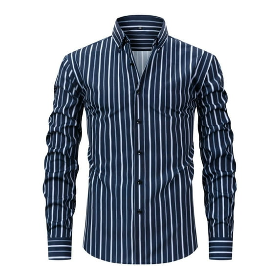 Mens Stripe Long Sleeve Shirts Color Block Lapel Button Down Dress Shirt Casual Loose Business Work Clothes