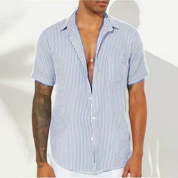 Mens Stripe Shirts with Pocket Short Sleeve T-Shirts Button-Down Collared Lightweight Casual Lapel Going-Out Beach Tees Tops