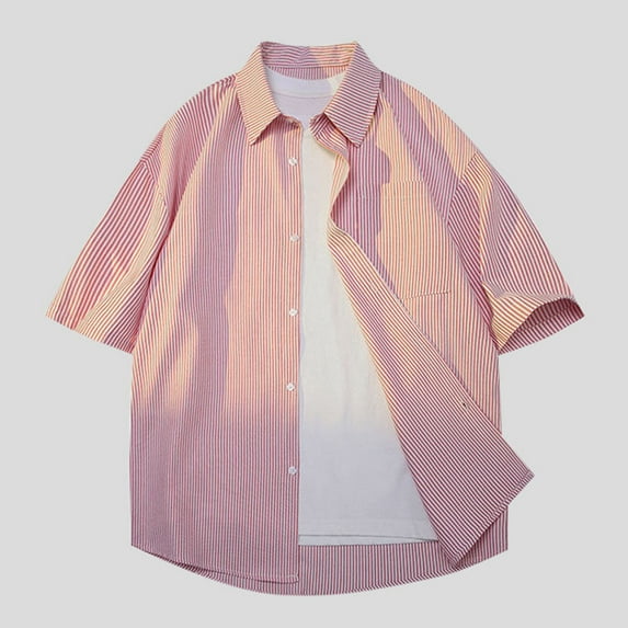 Mens Stripe Shirts with Pockets Big & Tall M-5X Plus Size Short Sleeve T-Shirts Button-Down Collared Lightweight Stripe Printed Tees Tops