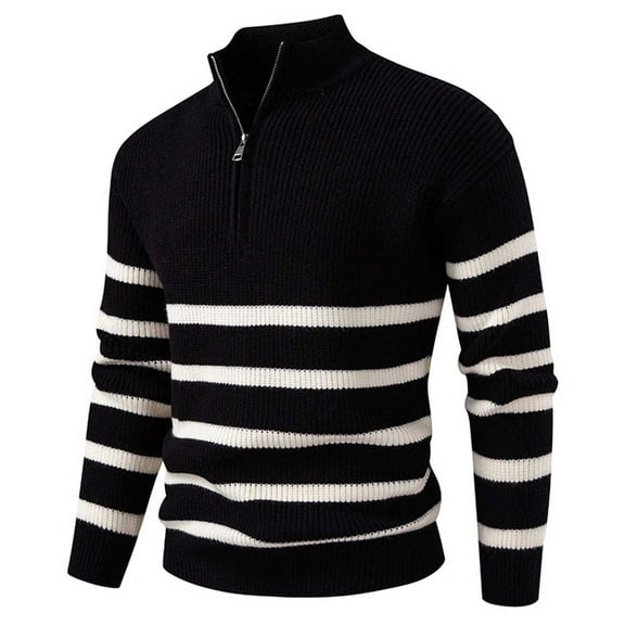 Mens Striped 1/4 Zip Sweaters Long Sleeve Quarter Zipper Knit Pullover Stand Collar Mock Neck Winter Fall Tops (L, Black)