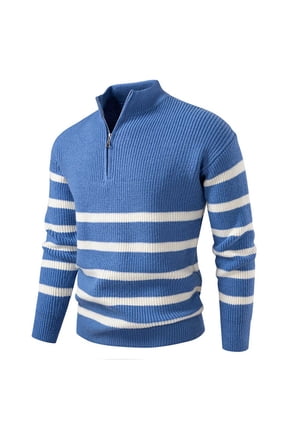 Mens Striped 1/4 Zip Sweaters Long Sleeve Quarter Zipper Knit Pullover Stand Collar Mock Neck Winter Fall Tops (M, Blue)