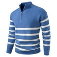 thumbnail image 1 of Mens Striped 1/4 Zip Sweaters Long Sleeve Quarter Zipper Knit Pullover Stand Collar Mock Neck Winter Fall Tops (XL, Blue), 1 of 6