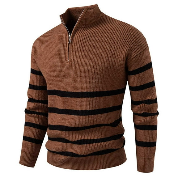 Mens Striped 1/4 Zip Sweaters Long Sleeve Quarter Zipper Knit Pullover Stand Collar Mock Neck Winter Fall Tops (XL, Coffee)