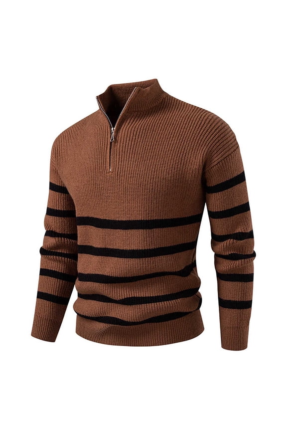 Mens Striped 1/4 Zip Sweaters Long Sleeve Quarter Zipper Knit Pullover Stand Collar Mock Neck Winter Fall Tops (XL, Coffee)