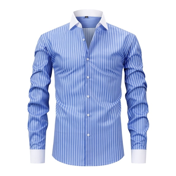 Mens Striped Business Shirts Stand Up Collar Long Sleeve Textured Button Down Work Shirt Blue S