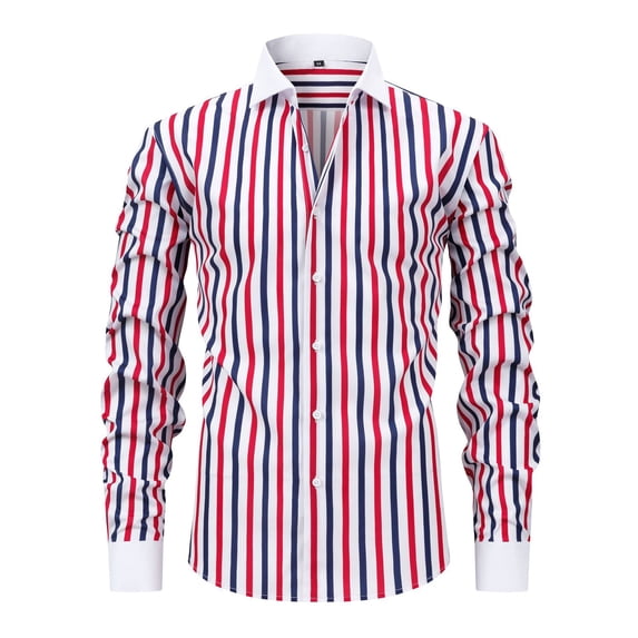 Mens Striped Business Shirts Stand Up Collar Long Sleeve Textured Button Down Work Shirt Red S