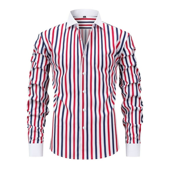 Mens Striped Bussiness Shirts Lapel Long Sleeve Blouses Slim Fitted Ultra Soft Textured Workwear
