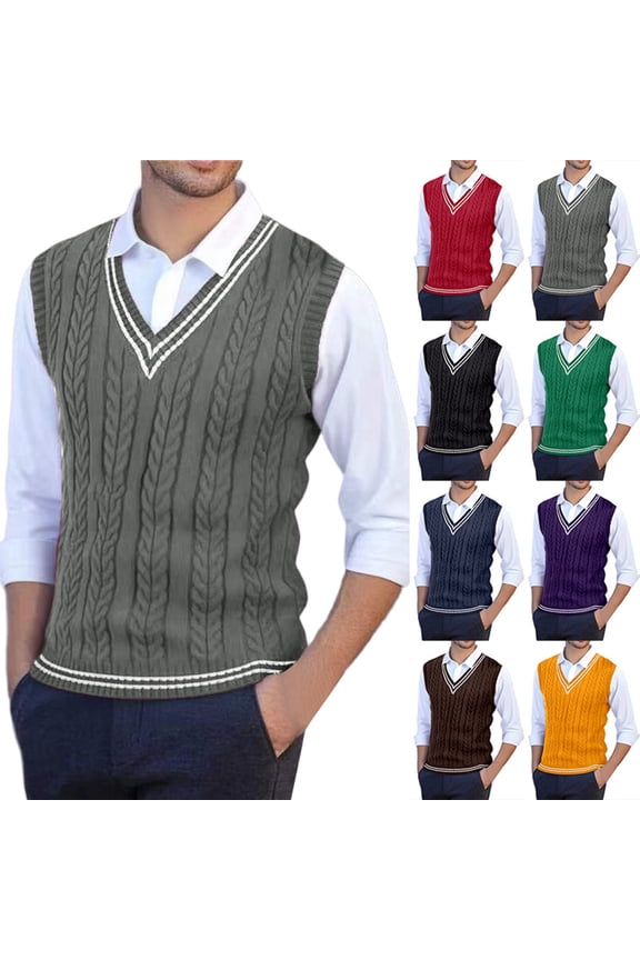 Mens Striped Cable Knit Sweater Vest Warm Winter Soft V Neck Slim Fit Sleeveless School Tops Brown XL