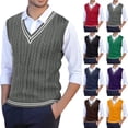 thumbnail image 1 of Mens Striped Cable Knit Sweater Vest Warm Winter Soft V Neck Slim Fit Sleeveless School Tops Red M, 1 of 5