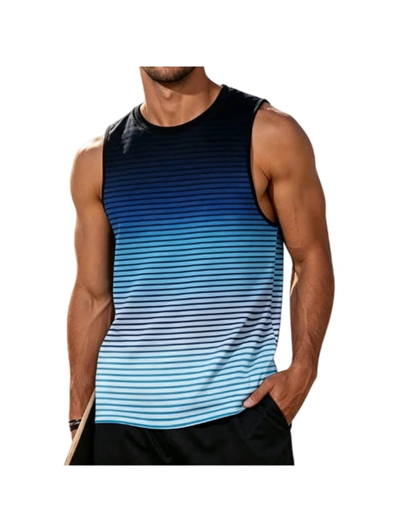 Mens Striped Color Block Tank Top Sleeveless Athletic Gym Workout Summer Undershirt Blue M
