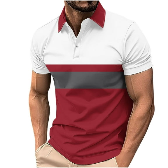Mens Striped Golf Shirts Slim Short Sleeve Color Matching T Shirt Basic Stylish Cotton Work Shirts Dressy