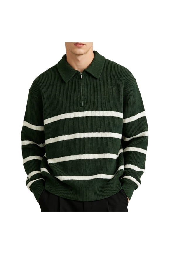 Mens Striped Half Zip Polo Collar Ribbed Knit Sweater, Long Sleeve Loose Casual Pullover Knit Top for Spring Autumn Winter Daily Wear(Green,L)