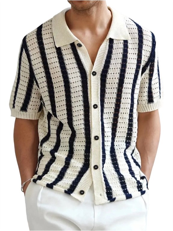 Mens Striped Hollow Out Short Sleeve Knit Shirt Black & White XXL