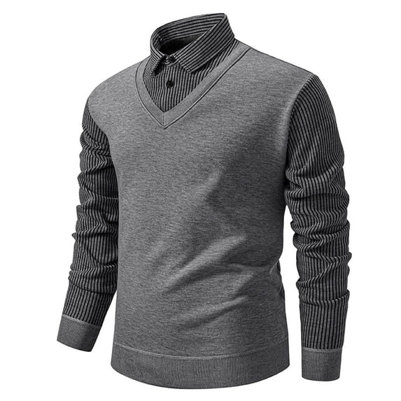 Mens Striped Lapel Fake Two-Piece Shirt, Men Long Sleeve Faux 2-Piece Knitted Shirt, Business Work Casual T Shirt Top