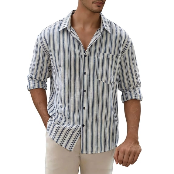 Mens Striped Long Sleeve Button Down Shirts Loose Fit Open Placket Lapel Soft Breathable Business Casual Top Navy XXXXXL