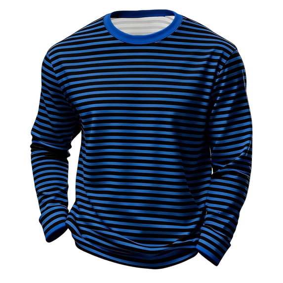 Mens Striped Long Sleeve Crewneck T Shirts Casual Party Soft Fashion Tee Top Blue L