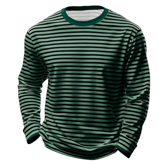 Mens Striped Long Sleeve Crewneck T Shirts Casual Party Soft Fashion Tee Top Dark Green XL