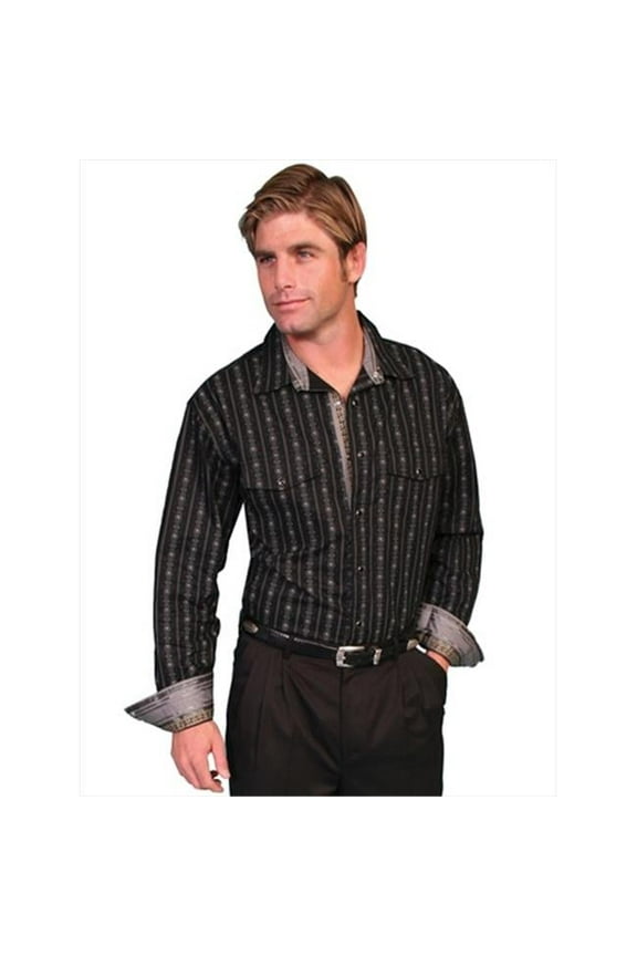 Mens Striped Long Sleeve Western Shirt- Black - Large
