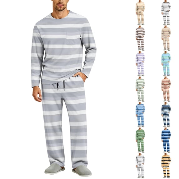 Mens Striped Pajama Set Long Sleeve Crew Neck Top With Chest Pocket Drawstring Elastic Waist Button Fly Long Pants Casual Home Loungewear
