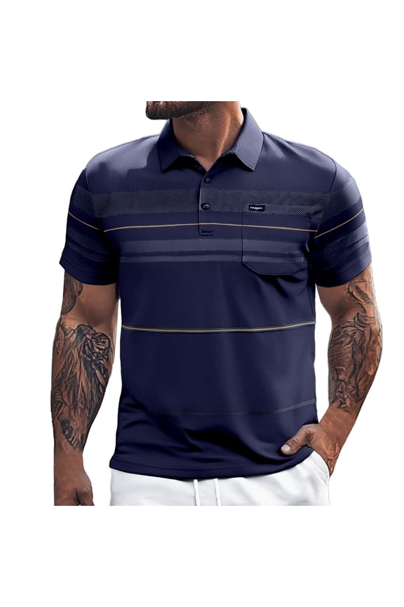 Mens Striped Polo Shirt Button Collared Short Sleeved Business Top with Pocket Slim Fit Comfortable Trendy Casual Mens T-Shirts