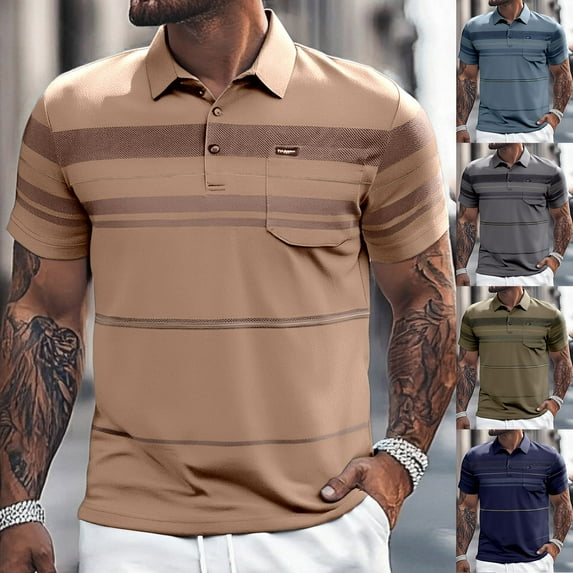 Mens Striped Polo Shirt Button Collared Short Sleeved Business Top with Pocket Slim Fit Comfortable Trendy Casual Mens T-Shirts