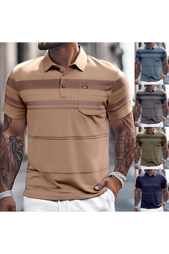 Mens Striped Polo Shirt Button Collared Short Sleeved Business Top with Pocket Slim Fit Comfortable Trendy Casual Mens T-Shirts