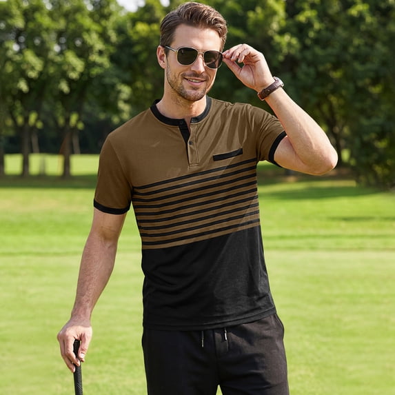 Mens Striped Polo Shirt Short Sleeve Breathable Casual Business Henley Collar Top for Summer Out Golf Travel Wear Coffee 3XL