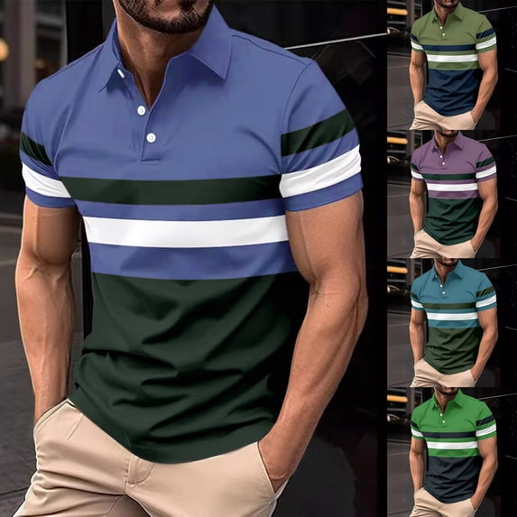 Mens Striped Polo Shirt Short Sleeve Stand Collar T Shirts Summer Breathable Color Block Top Navy XXL
